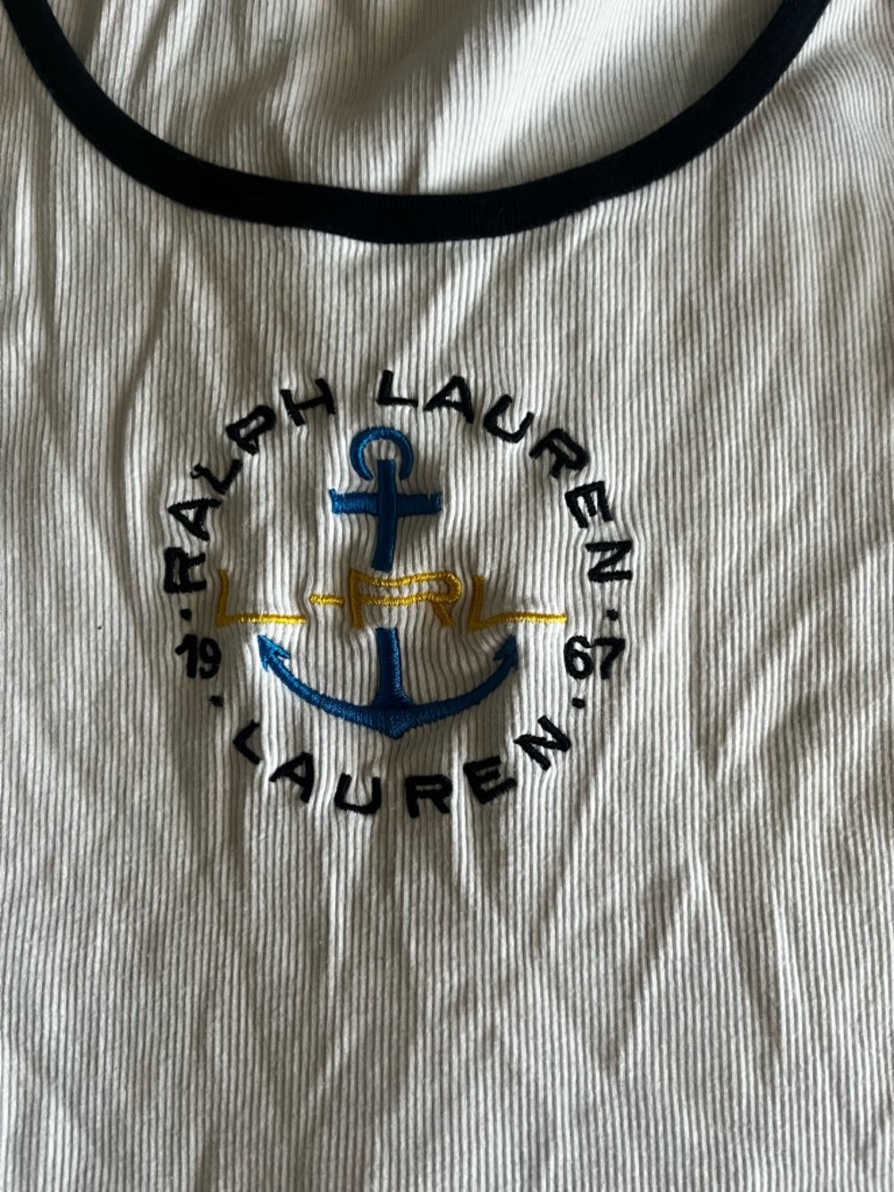 Ralph Lauren White Ribbed Tank with Navy Trim & Blue/Yellow Anchor